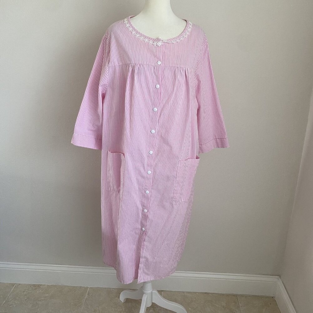 Bloggerlove Womens XL Kimono Robe Pink White Striped Button Up Lace Housecoat